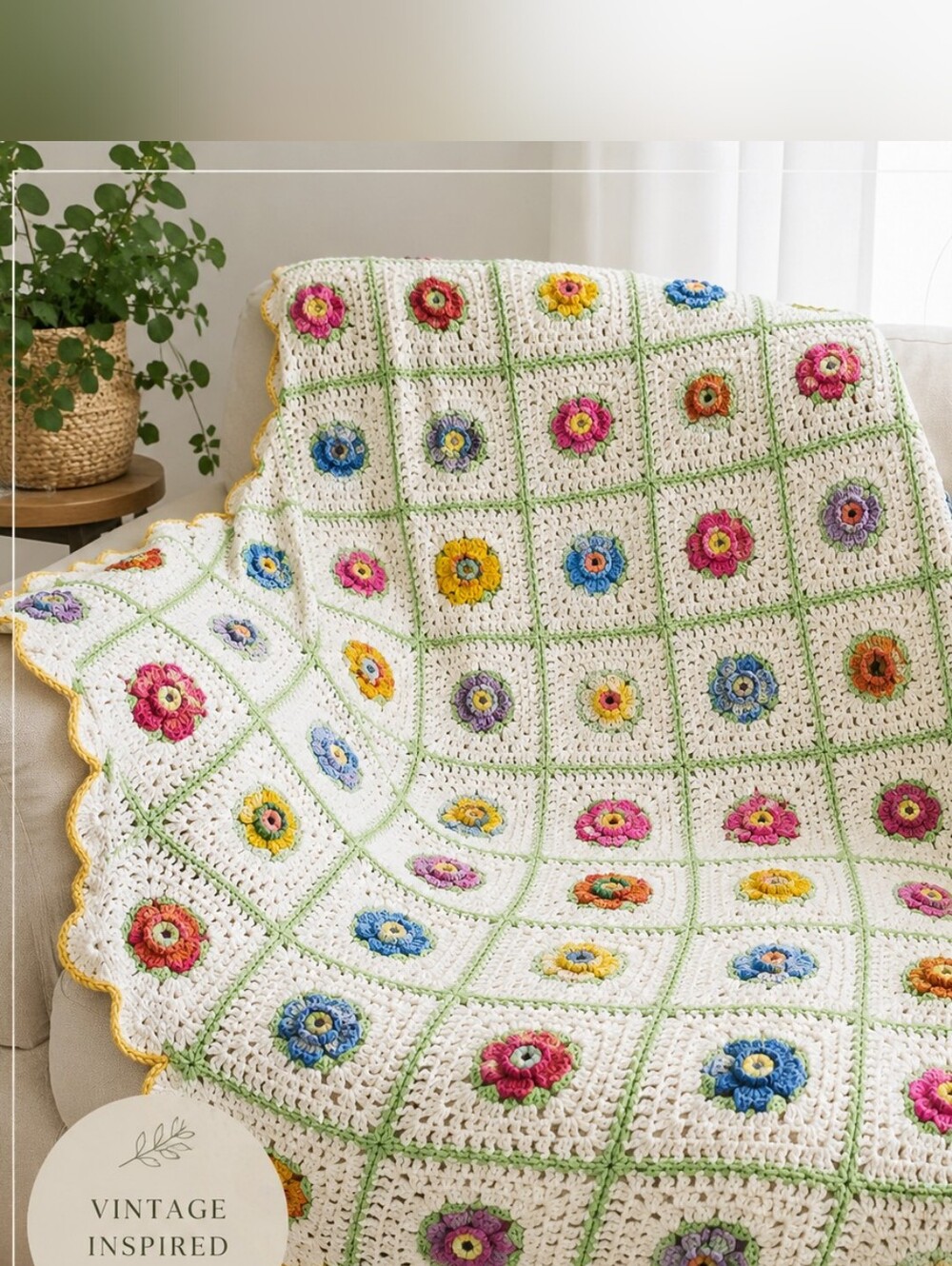 VINTAGE   Handmade Crochet Floral Throw Blanket in White with Multicolor Flowers